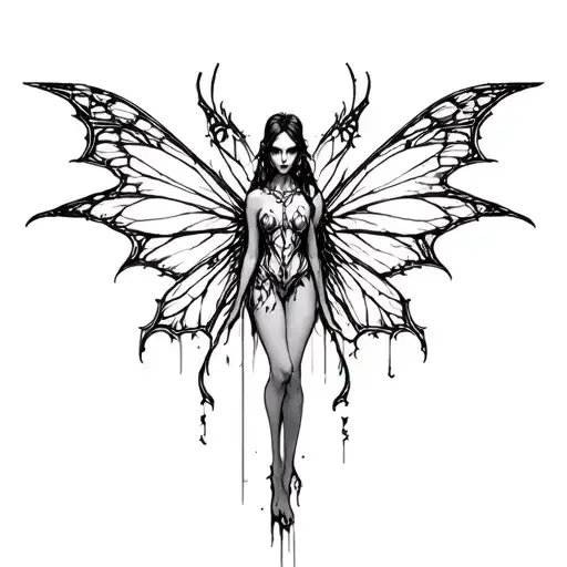 evil fairy in forest, cyber sigilism tattoo design idea