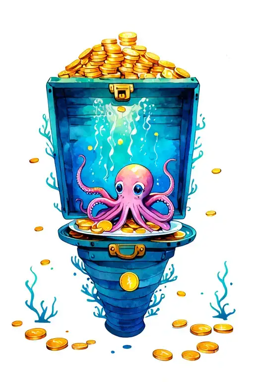 Underwater tattoo with a treasure chest filled with gold coins,and an octopus stuck on a plate that has a cartoon face tattoo design idea