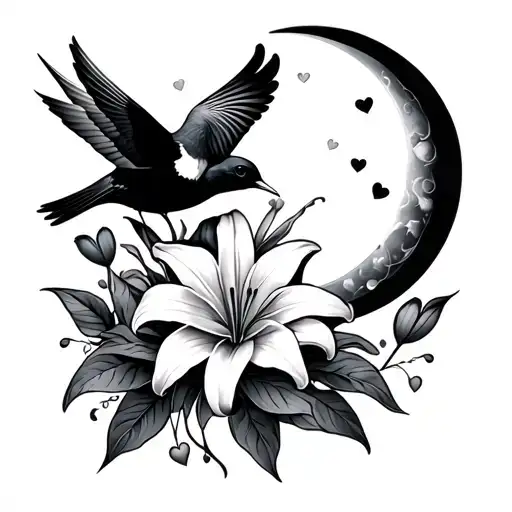 Lillies, Sun, Moon, Birds, love hearts tattoo design idea