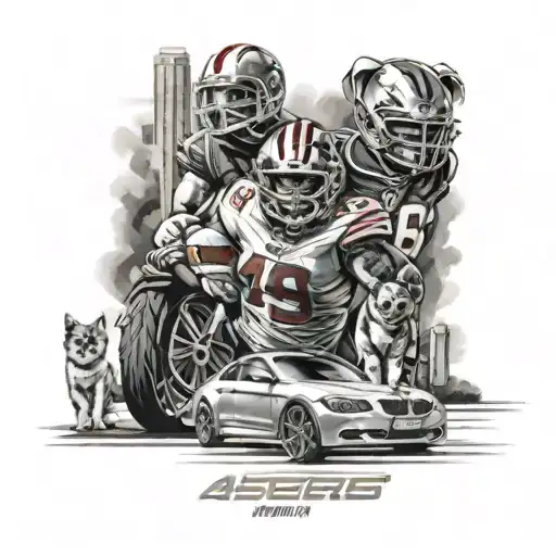 A portrait-style tattoo of your kids and pets wearing 49ers jerseys, with a BMW car in the background to represent your passions and interests tattoo design idea