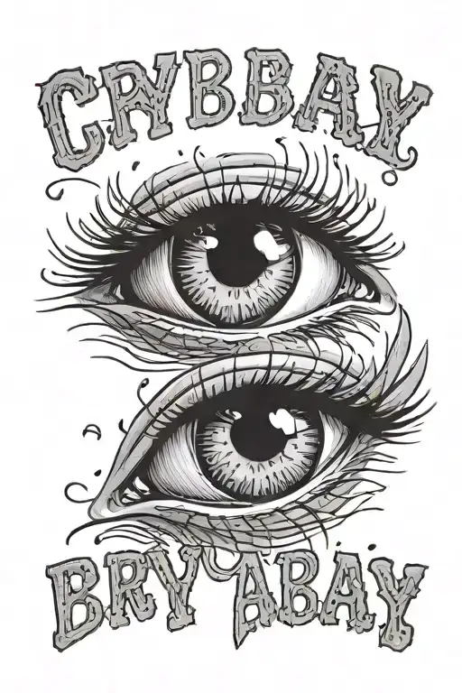 Eyes with tears running down vertically aligned with text saying "CRYBABY" with the letters running vertically  tattoo design idea