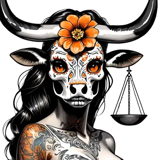 woman body bull with sugar skull markings, brown eyes and two Libra scales with extra dark background tattoo design idea