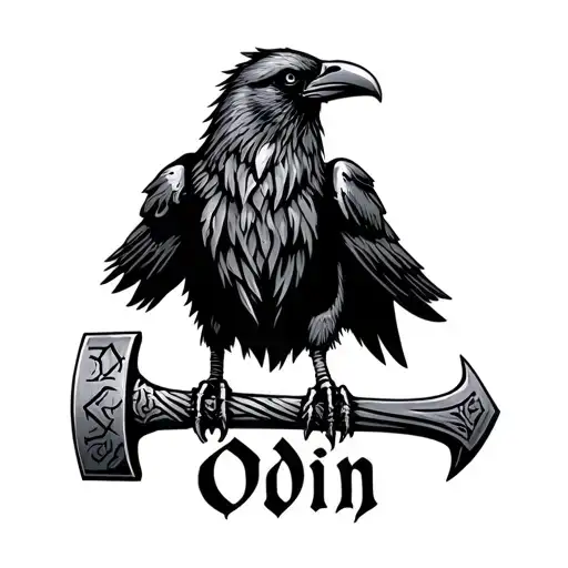 "Odin in Norse runes" "Odin" Crow wearing Thors hammer neckless tattoo design idea