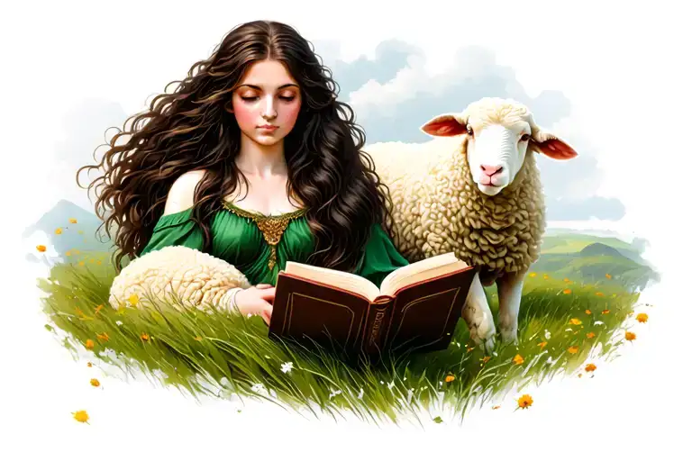 long hair brunette goddess reading a book in the grass of Ireland with sheep tattoo design idea