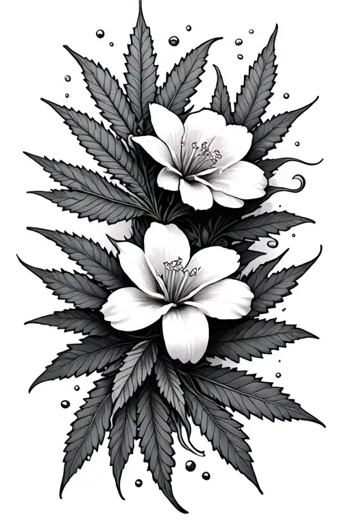Jasmin flower with marijuana leafs smoke and water tattoo design idea