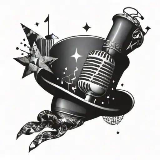 A microphone in the middle and musical notes, top hats, stars come out of it tattoo design idea
