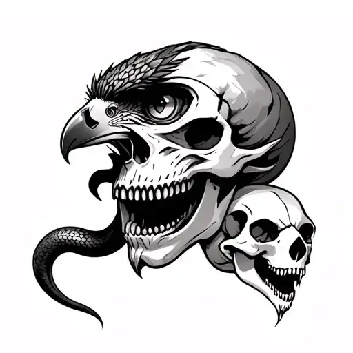 Viking/gothic skull with a snake coming out of the eye socket and a harpy eagle skull and jaguar skull next to it tattoo design idea