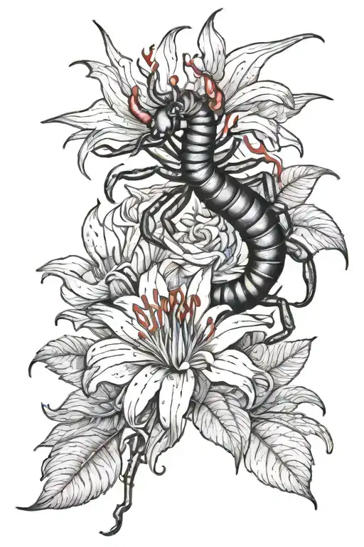 black and grey centipede and red spider lilly flower tattoo design idea