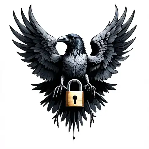 raven with wings outspread with a lock in the center of its chest  tattoo design idea