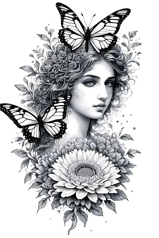 virgo zodiac sign with butterflys souronding and chrysanthemums tattoo design idea