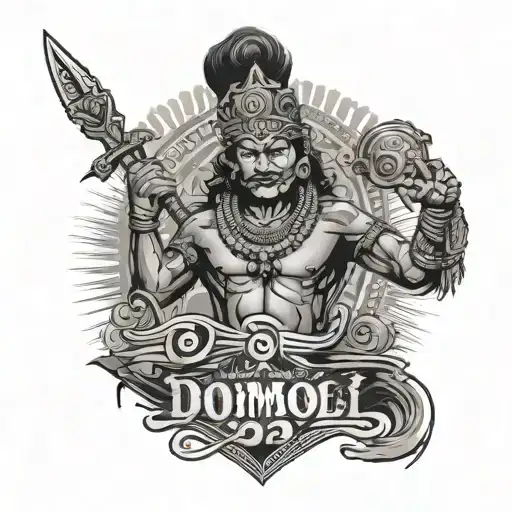 Design a black-grey tattoo of a traditional Nepali warrior with 'Domcol 2024' written in a stylized font underneath tattoo design idea