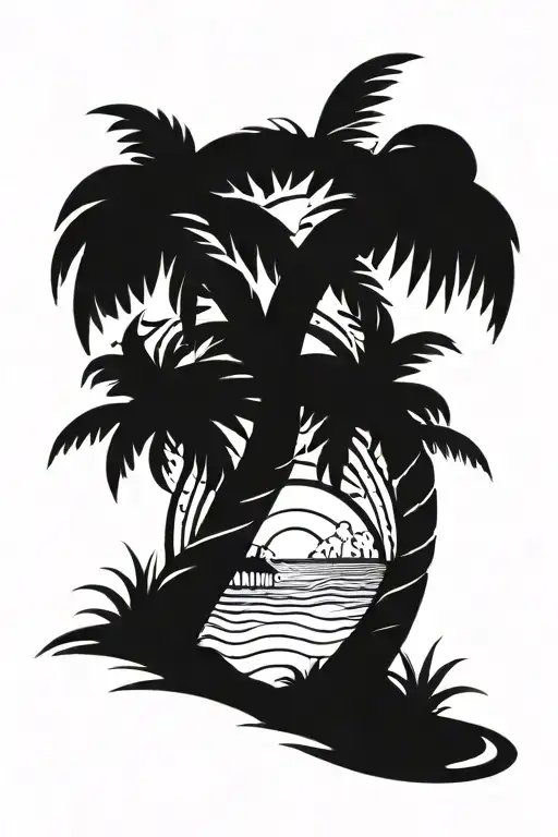 Black and white tribal tattoo drawing of island curved palm tree with bombs as the trees coconuts and coconut crab on th tattoo design idea