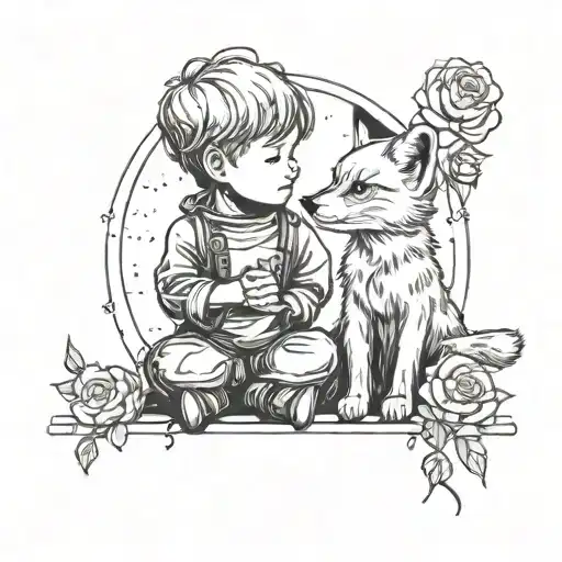 little boy prince, together w a fox and a rose, side by side looking at the galaxy tattoo design idea
