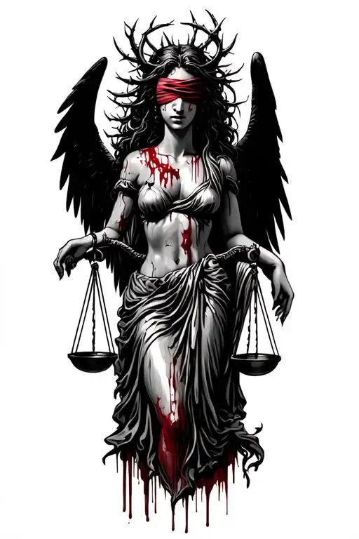 Corrupted Lady Justice with thorns on her head and with wings and her eyes blindfolded with blood tattoo design idea