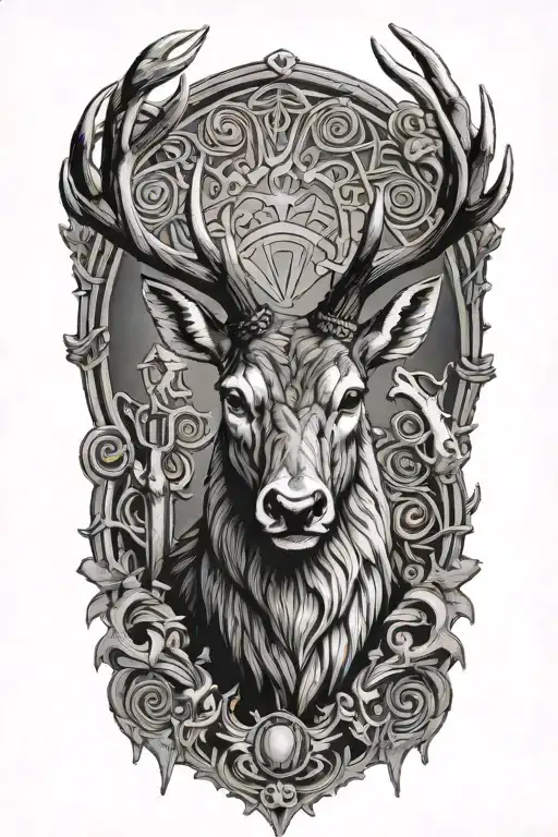 Powerful stag head with large antlers and rings on antler base tattoo design idea