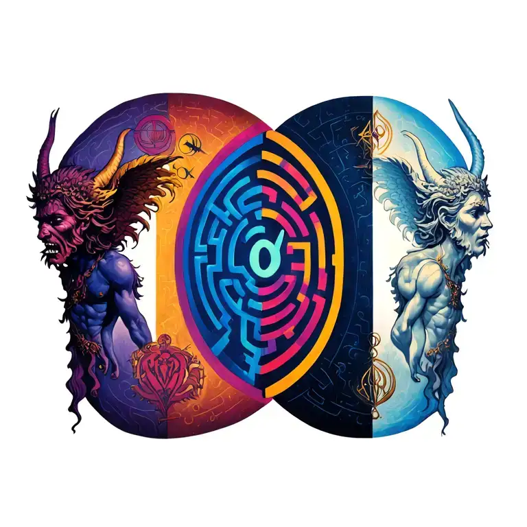  Two large, colorful circle mazes—one with symbols of values (good side), symbols of vices (bad side). demon and angel  tattoo design idea