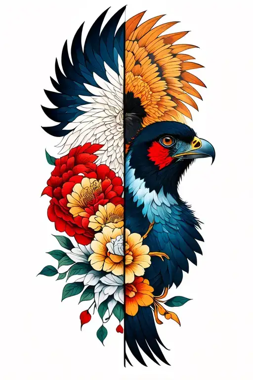 A3 portrait moodboard for a neo-traditional tattoo concept titled 'Falcon Duality'. The composition features two mirrore tattoo design idea