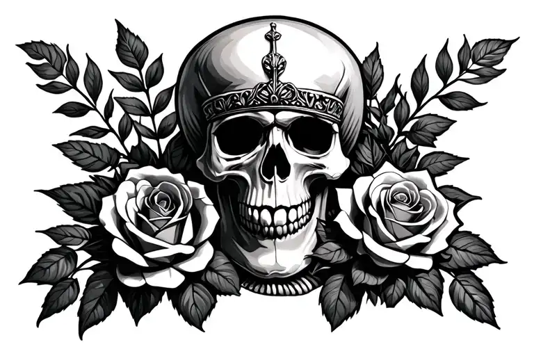 skull and king with lines and roses growing house plants, chest piece tattoo design idea
