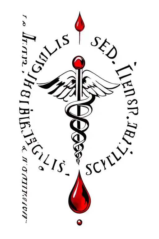 Blood droplet surrounded by latin text "Fragilis sed Fortis" in a medical rod of asclepius style tattoo design idea