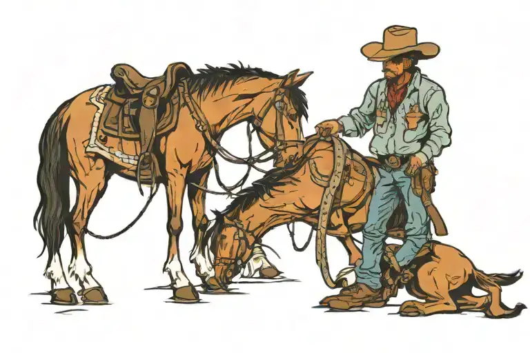 Cowboy kneeling at cross with a horse standing  tattoo design idea