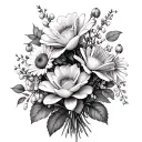 bouquet with rose, water lily, larkspur, daisy, hawthorn, honeysuckle, marigold, lily of the valley tattoo design idea