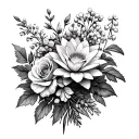 bouquet with rose, water lily, larkspur, daisy, hawthorn, honeysuckle, marigold, lily of the valley tattoo design idea