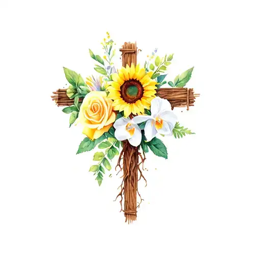 a gardenia, orchid, a yellow rose and sunflowers surround a woven cross formed by their roots   tattoo design idea