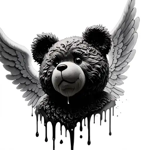 Melted teddy bear head with angel wings tattoo design idea