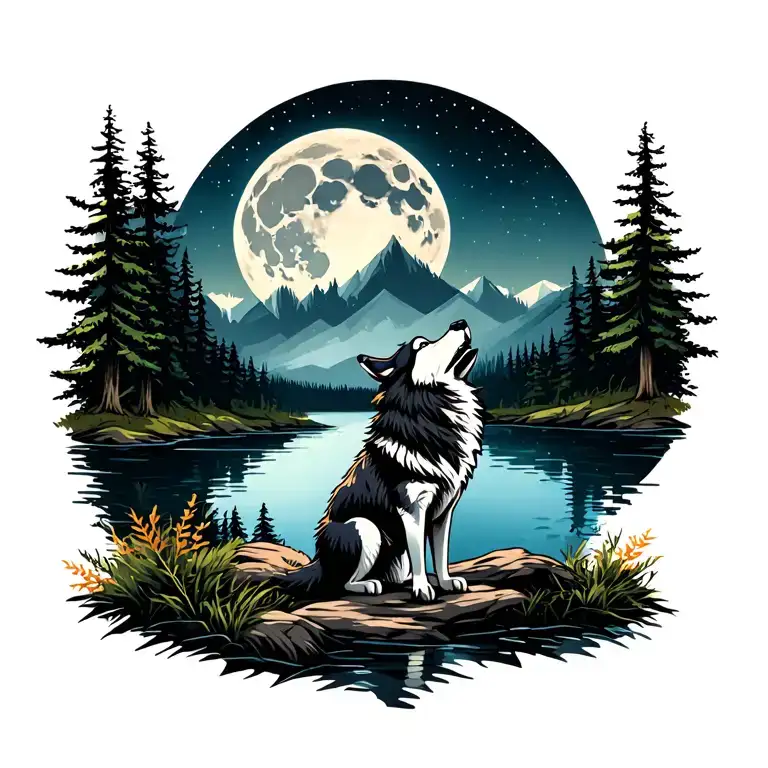 adult wolf howling at the moon in the distance with forest lake behind tattoo design idea