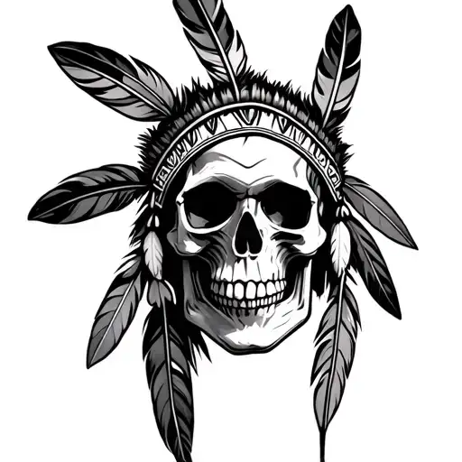 Native American skull with feathers tattoo design idea