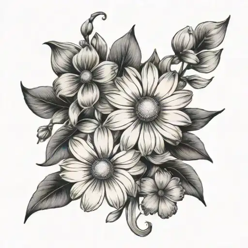 Daisy and sweet pea with plum blossoms and pennies  tattoo design idea