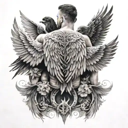 Large tattoo full of back, with large bird wings on the left, on the right is a tattoo of a family of 4 including husban tattoo design idea