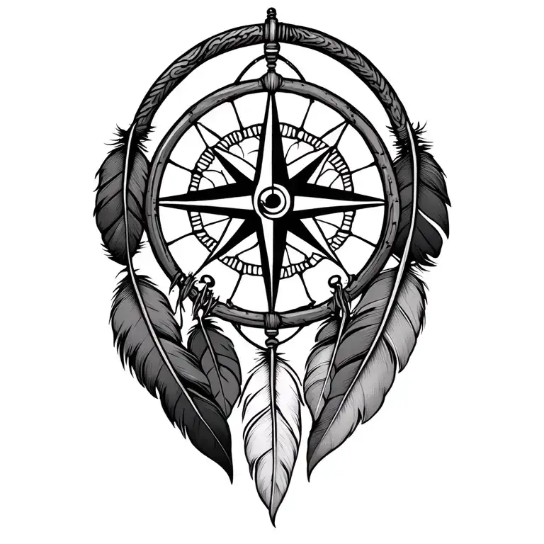 compass, dreamcatcher, 3 feathers tattoo design idea