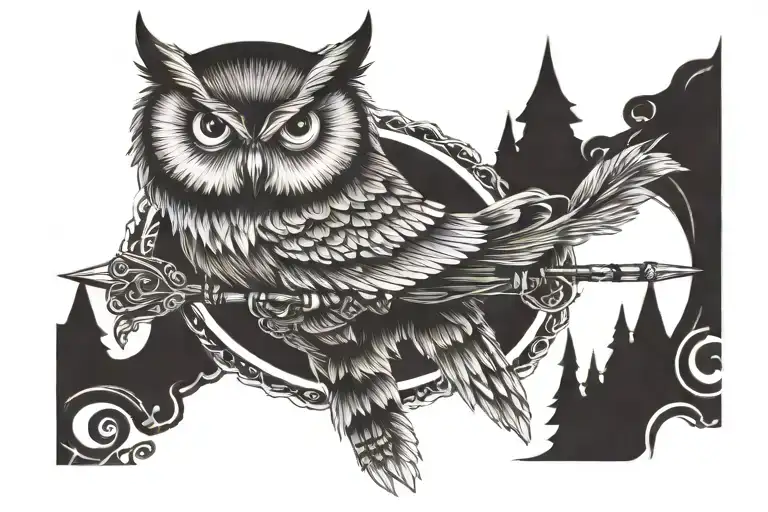 owl on a  wolf perched on a bow arrows tattoo design idea