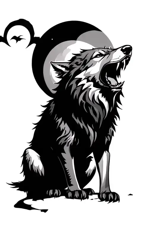 snarling or howling wolf with full moon tattoo design idea