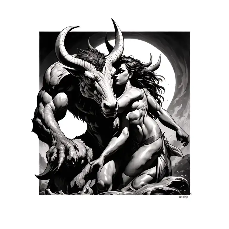 griggen protecting a female minotaur  tattoo design idea