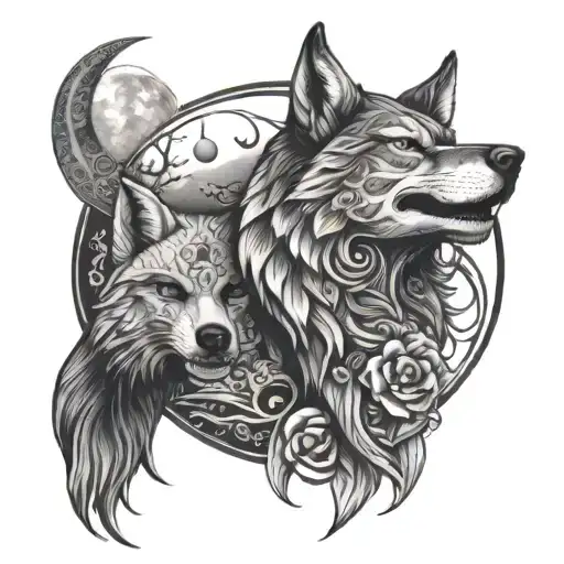 moon and skull and wolf in one with mandala tattoo design idea