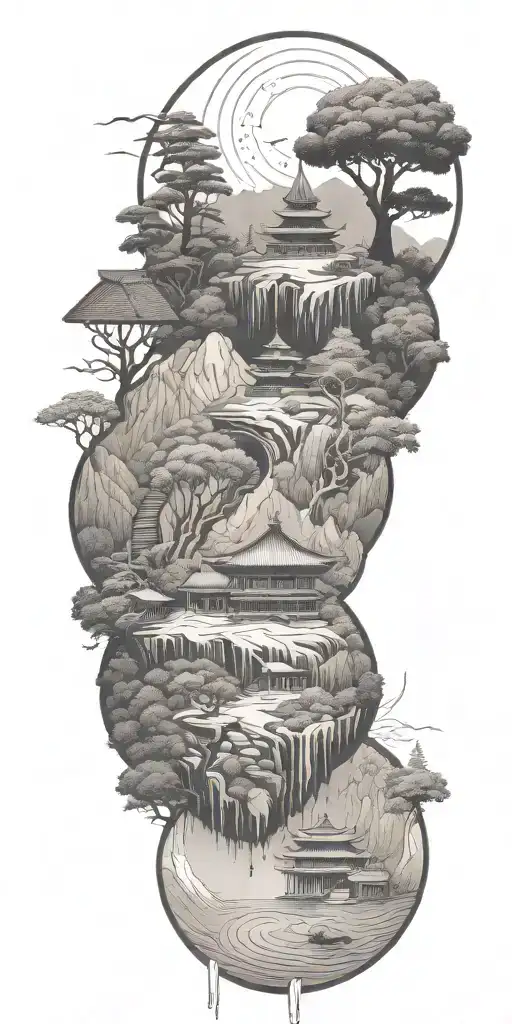 budism symbols that are uncommon. focus on nature, scenery and being grounded while on a spiritual journey tattoo design idea