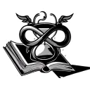 an open book ,on one page there is an hour glass with an infinity sign inside and it looks like a fantastic logoi tattoo design idea
