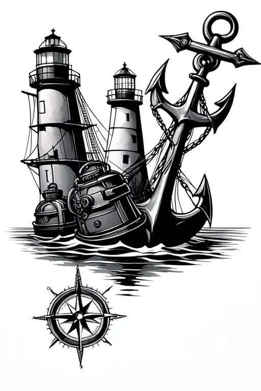compass and ship anchor with lighthouse and scuba tanks tattoo design idea
