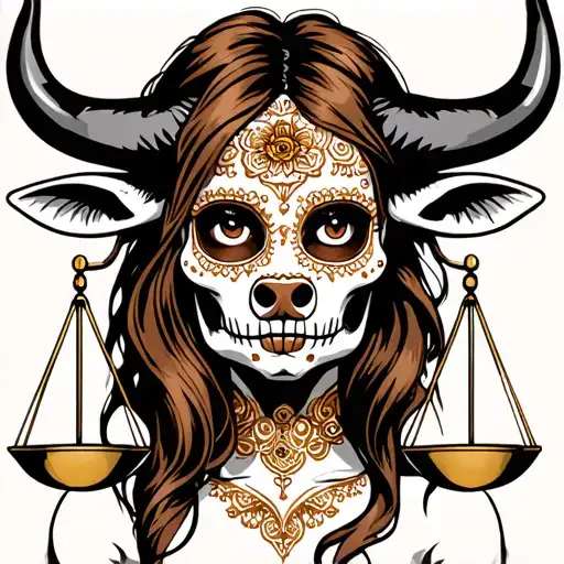 woman bull with sugar skull markings, brown eyes, brown hair and two Libra scales.  tattoo design idea