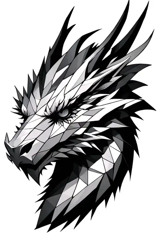 half geometric half realism dragon head profile in black and white tattoo design idea