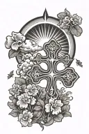 clovers, cross, clouds, sun shining tattoo design idea