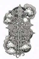 clovers, cross, clouds, sun shining tattoo design idea