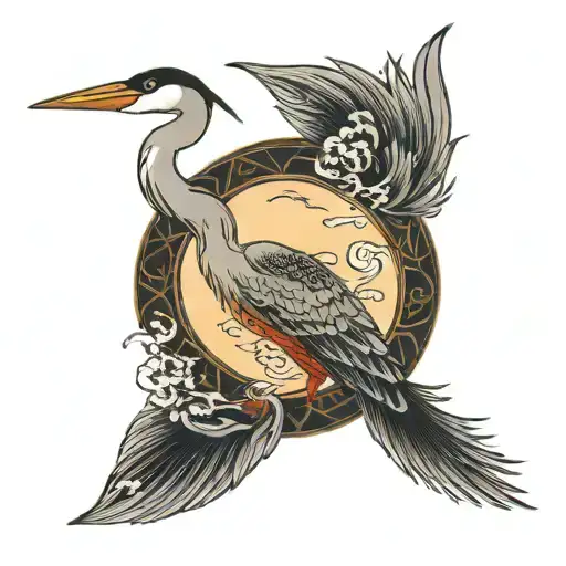 heron's head, crescent moon, circle tattoo design idea