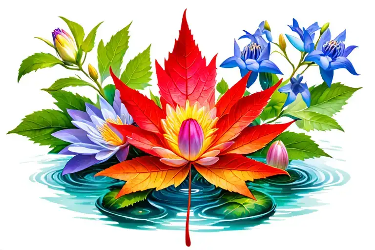 halligan took, red maple leaf, water lily, larkspur tattoo design idea