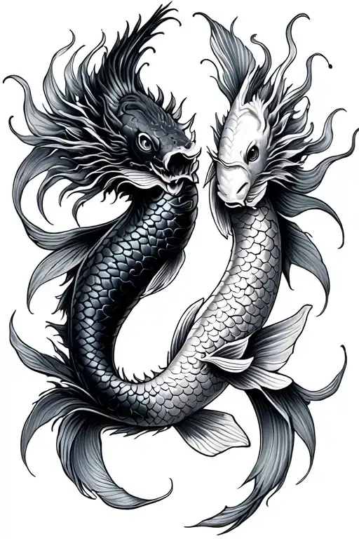 koi fish yin Yang with dragon intertwined tattoo design idea