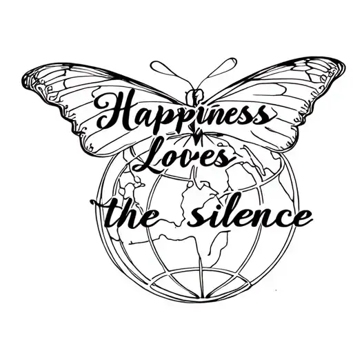 "Happiness loves the silence" butterfly and globe tattoo design idea
