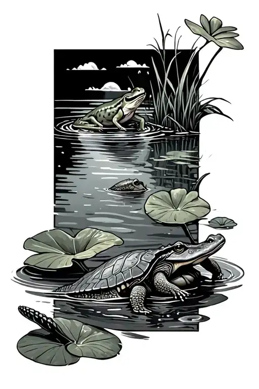  lake scene with frog on Lilly pad, turtle underwater and crocodile at the surface from side on view into the water. tattoo design idea