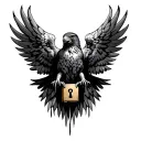 hawk with wings outspread with a lock in the center of its chest  tattoo design idea